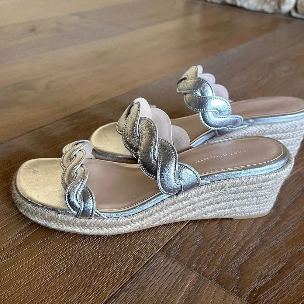 STUART WEITZMAN Twisted Espadrille Slide Sandal Platino Metallic Size 7 NEW